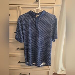 Men's Blue Short-Sleeve Henley Polo with Wave Print